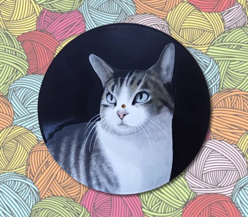 Disco de vinilo con un gato pintado en acrílico